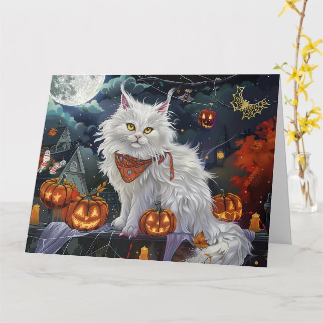 Carte Turc Angora Chat Halloween Éffrayant (Fleur jaune)