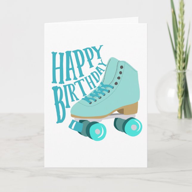Carte Turquoise Blue Retro Quad Roller Patinage Joyeux A (Devant)