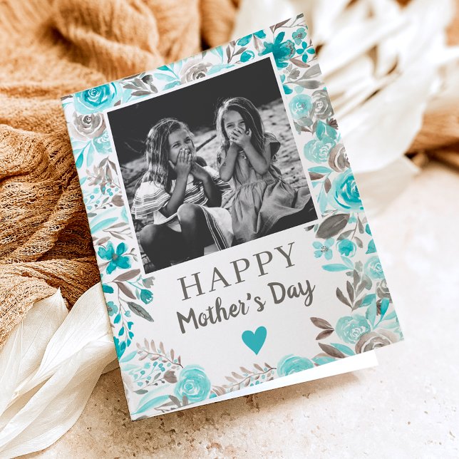 Carte Turquoise Floral aquarelle poème photo Fête des mè (Créateur téléchargé)