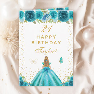 Carte Turquoise Floral Blonde fille cheveux heureux anni
