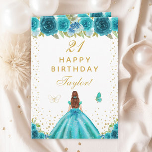 Carte Turquoise Floral Brown fille cheveux heureux anniv