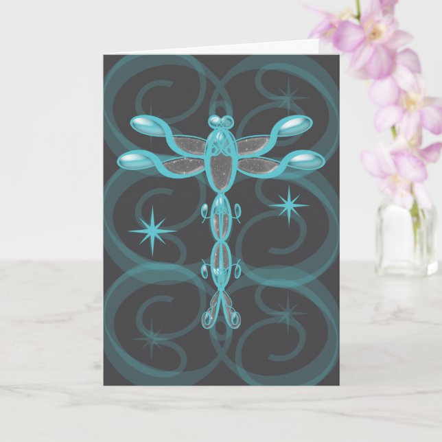 Carte Turquoise, Gris, Libellule en Verre avec Étoiles A (Orchidée)