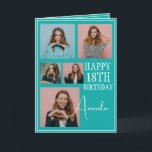 Carte Turquoise moderne 5 photo Collage 18e anniversaire<br><div class="desc">Célébrez un anniversaire marquant avec un collage de cinq photos moderne et élégant. Ce design capture des souvenirs chéris et ajoute une touche personnelle à une célébration du 18ème anniversaire,  en faisant un souvenir à trésor.</div>