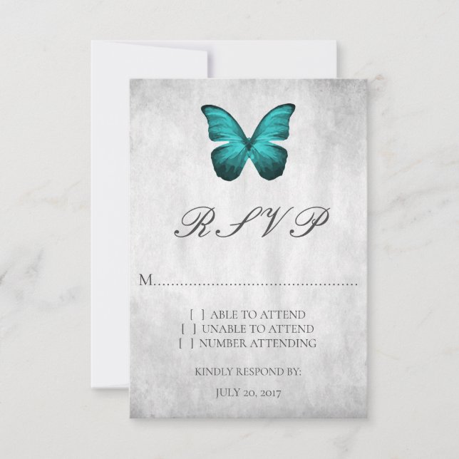 Carte turquoise RSVP de mariage papillon (Devant)