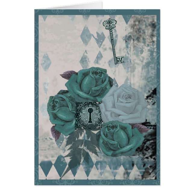 Carte turquoise vintage de roses (Devant)