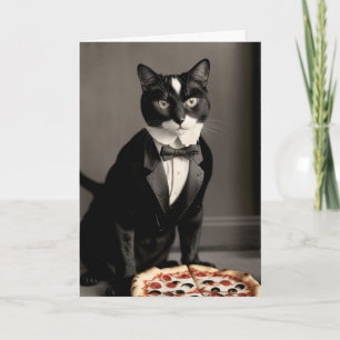 Carte tuxedo cat et pizza