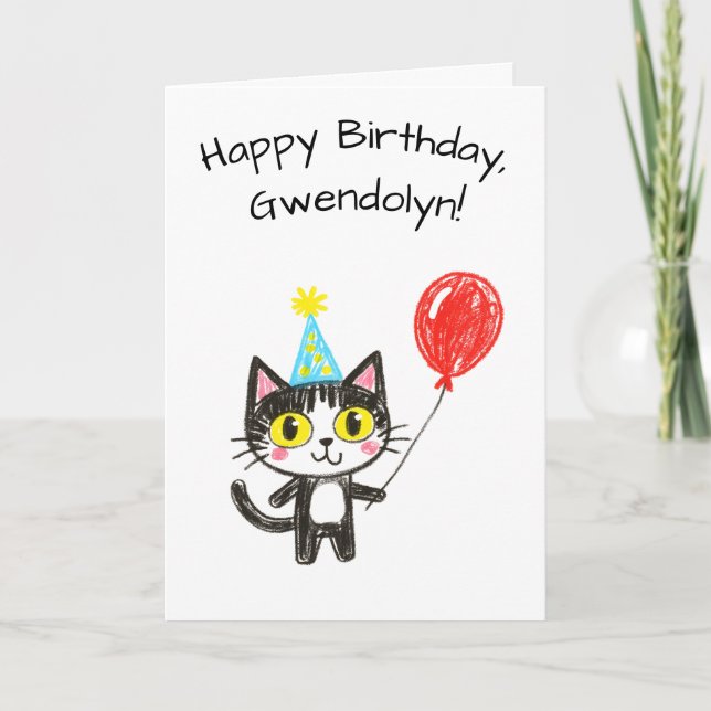 Carte Tuxedo Chat Anniversaire Style Dessin d'Enfant (Devant)