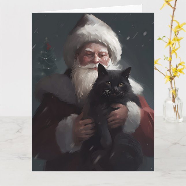 Carte Tuxedo Chat avec Noël Festif du Père Noël (Fleur jaune)