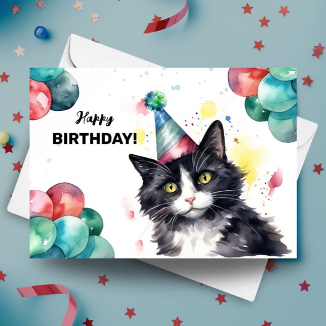 Carte Tuxedo Chat Balloons et Casquette de fête Joyeux a (Créateur téléchargé)