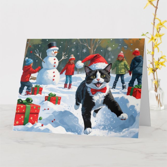 Carte Tuxedo Chat coule en neige avec Casquette de Noël (Fleur jaune)