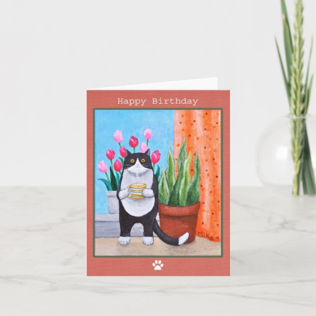 Carte Tuxedo Chat noir et blanc avec café Anniversaire (Devant)