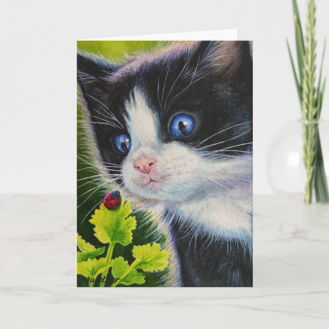 Carte Tuxedo Kitten et Ladybug Watercolor Art (Devant)
