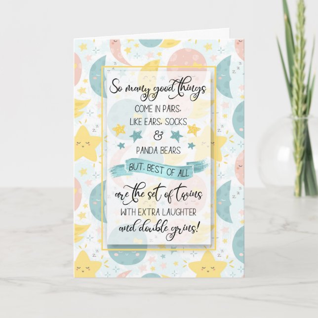 Carte Twin Birth Baby Félicitations Lunes et étoiles (Devant)