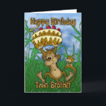 Carte Twin Brother Joyeux Anniversaire avec un singe ten<br><div class="desc">Twin Brother Joyeux anniversaire avec un singe tenant cake</div>
