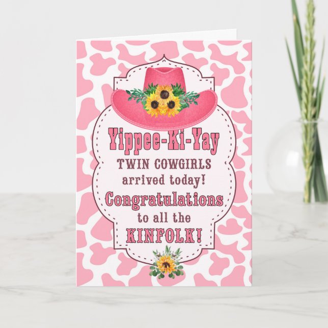 Carte Twin Cowgirls New Baby Pink Western Félicitations (Devant)