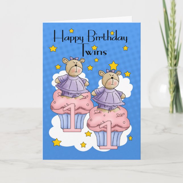 Carte Twin Girl 1er Anniversaire Carte, Avec Cupcake Bea (Devant)