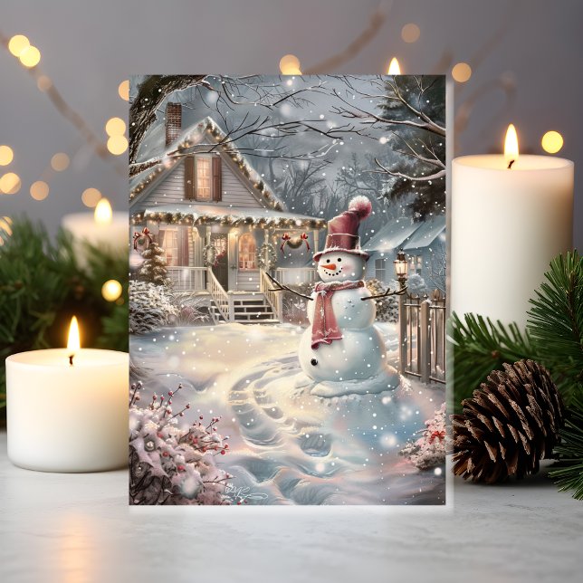 Carte Twinkling Cozy Christmas Cottage with Snowman (Snowman Smiles & Cozy Vibes in Front of a Holiday-Ready Home)