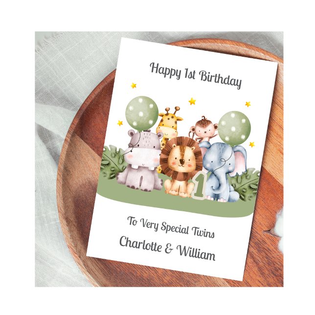 Carte Twins 1st Birthday Safari Leaf Animals Card (Créateur téléchargé)