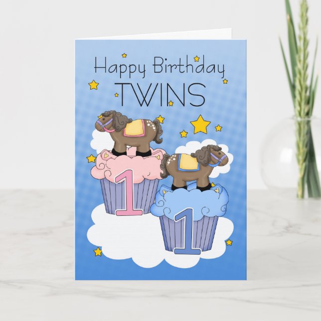 Carte Twins First Birthday Card - Deux petits poneys (Devant)