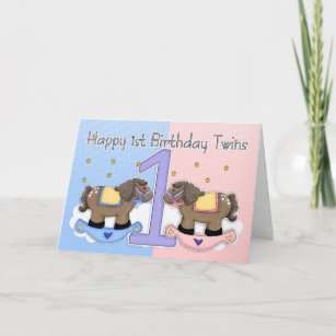Carte Twins First Birthday Card - Deux petits poneys