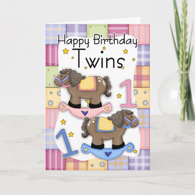 Carte Twins First Birthday Card - Deux petits poneys (Devant)