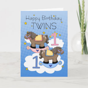 Carte Twins First Birthday Card - Deux petits poneys
