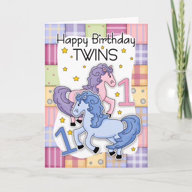 Carte Twins First Birthday Card - Deux petits poneys (Devant)