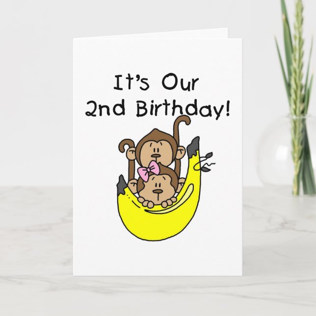 Carte Twins Monkey Boy and Girl 2e anniversaire (Devant)