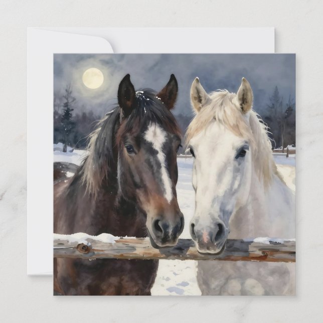 Carte Two Horses on a Snowy Farm | Blank (Devant)