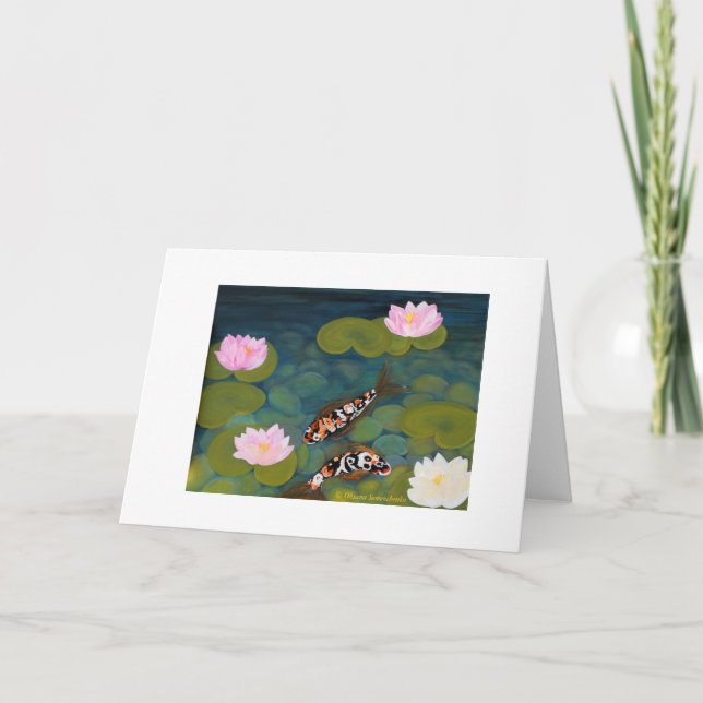 Carte Two Koi Fish and Lotus Flower. Greeting Card. (Devant)