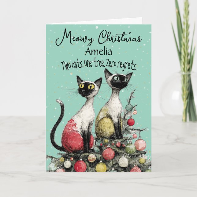 Carte Two Siamese Cats on Christmas Tree Christmas Card (Devant)