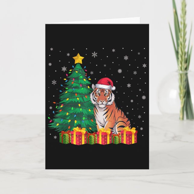 Carte Ugly Bengal Tiger Santa Hat Christmas Tree Lights  (Devant)