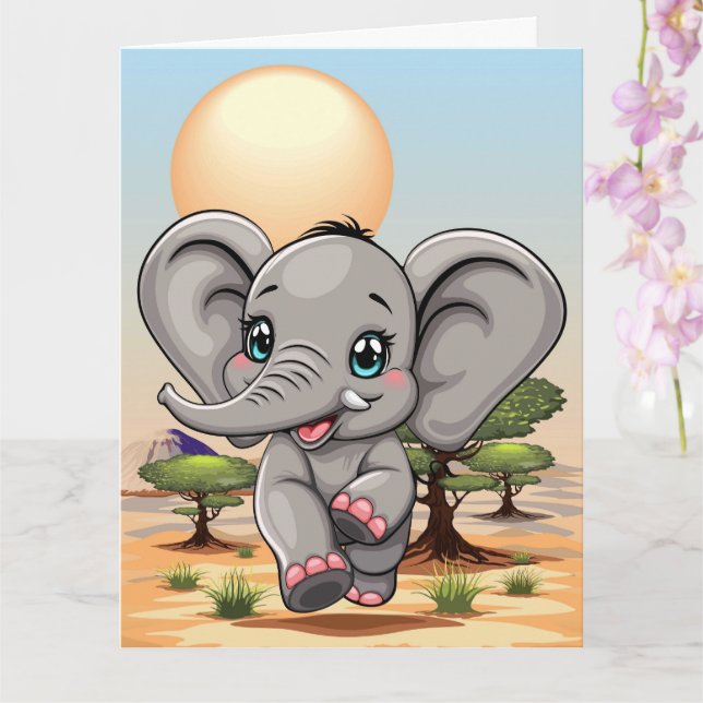 Carte Un bébé éléphant qui sonne heureux dans la savane  (Orchidée)