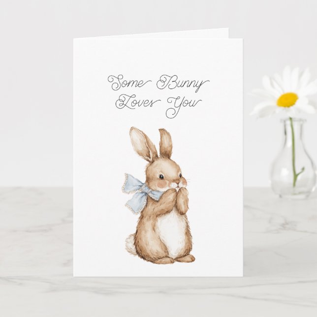 Carte Un Certain Lapin T'aime Ruban Bleu (Petite plante)