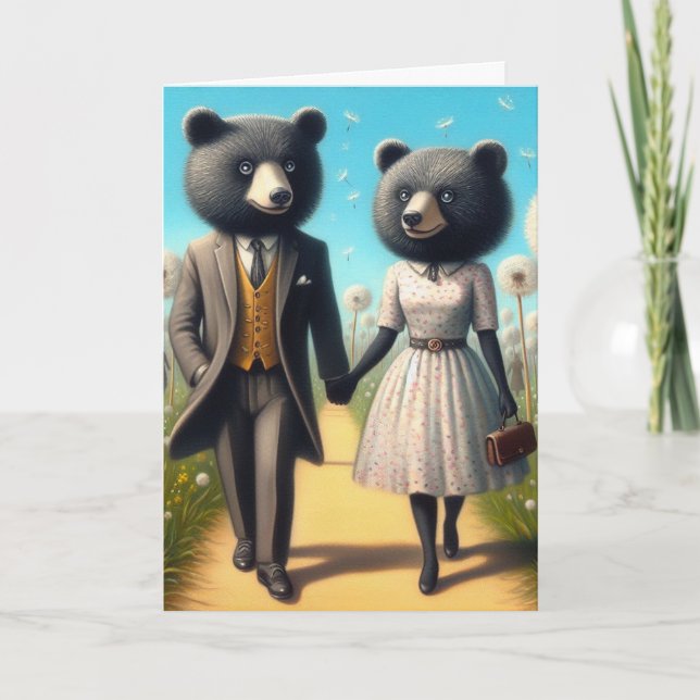 Carte Un couple adorable d'ours en promenade dans le par (Devant)