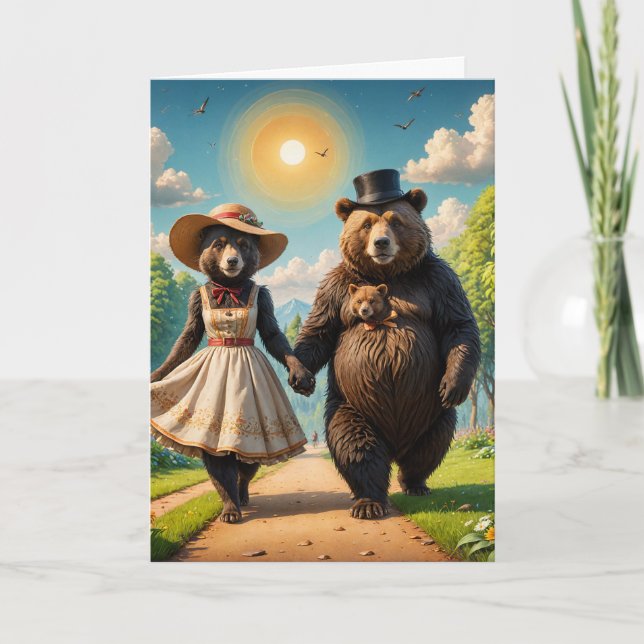 Carte Un couple adorable d'ours sur une promenade avec l (Devant)