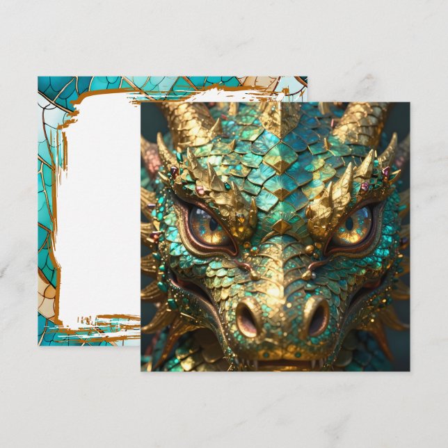 Carte Un dragon mystique turquoise et or (Devant / Derrière)