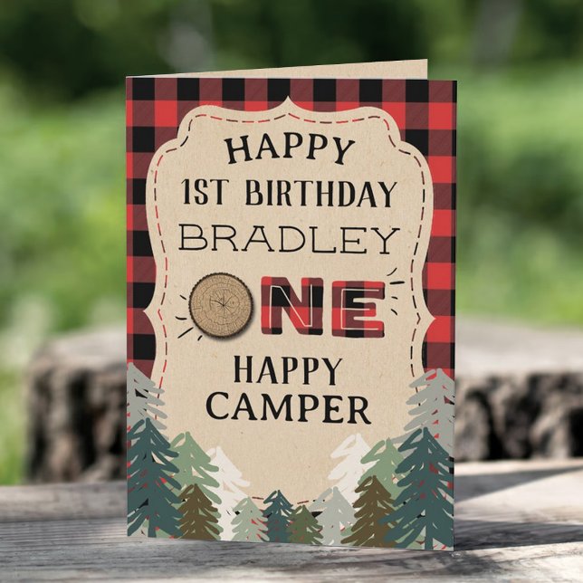 Carte Un Joyeux Camper Forêt Plaid 1er anniversaire (Créateur téléchargé)