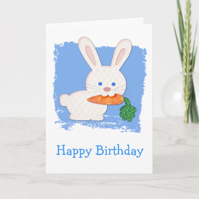 Carte Un lapin blanc courbé de carotte Anniversaire (Devant)
