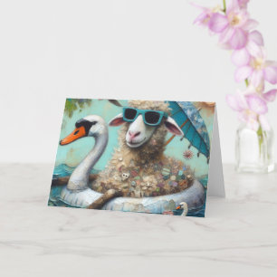 Carte Un mouton drôle sur un cygne gonflable pour toutes