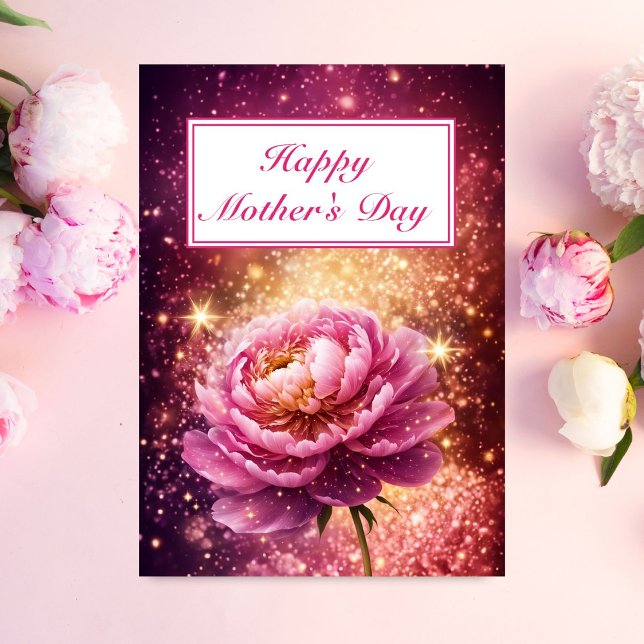 Carte Un rose rose éblouissant éclate une joyeuse fête d (A dazzling Mother's Day Card for a Mom who loves Peonies!)