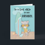 Carte Uncle Birthday Beach Funny Cool Raccoon<br><div class="desc">Envoyez des voeux d'anniversaire d'été cool à votre cher oncle avec cette carte de raton laveur cool. Comme vous pouvez le voir, le raton laveur est si cool avec ses lunettes de soleil allumées en s'appuyant sur sa planche de surf. Ton oncle va sûrement se moquer de sa vie une...</div>