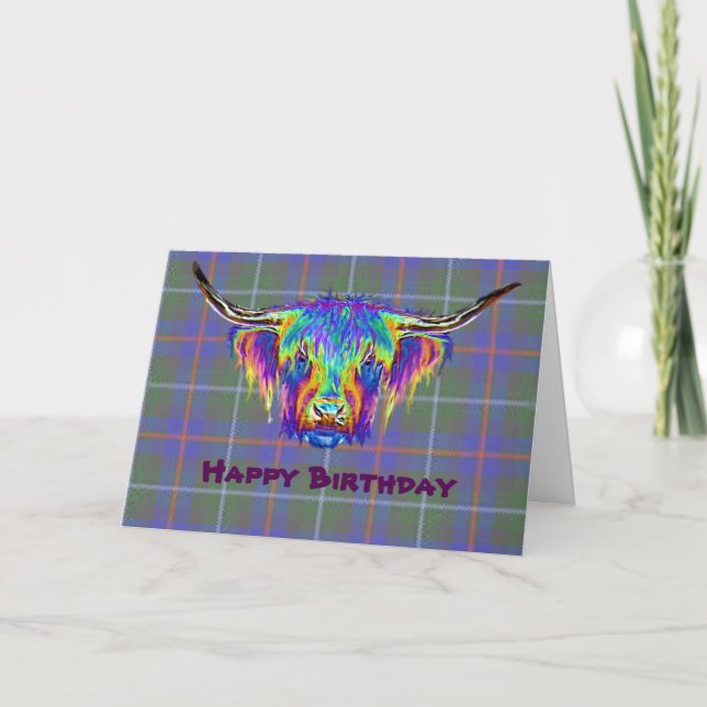 Carte Une belle vache haut-terrain colorée sur tartan. (Devant)
