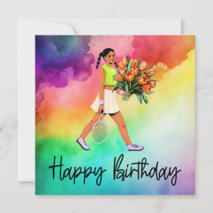 Carte Une femme de tennis tient un tas de fleurs Anniver
