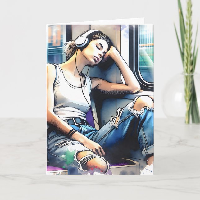 Carte Une femme qui dort dans le métro à écouter de la m (Devant)