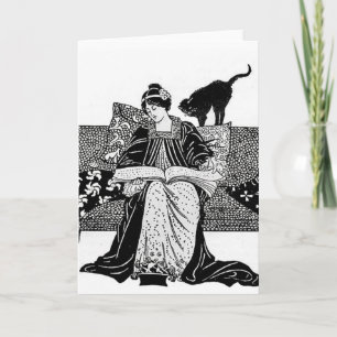 Carte Une femme qui lit avec un chat noir