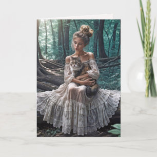 Carte Une jeune femme en bois avec un chat