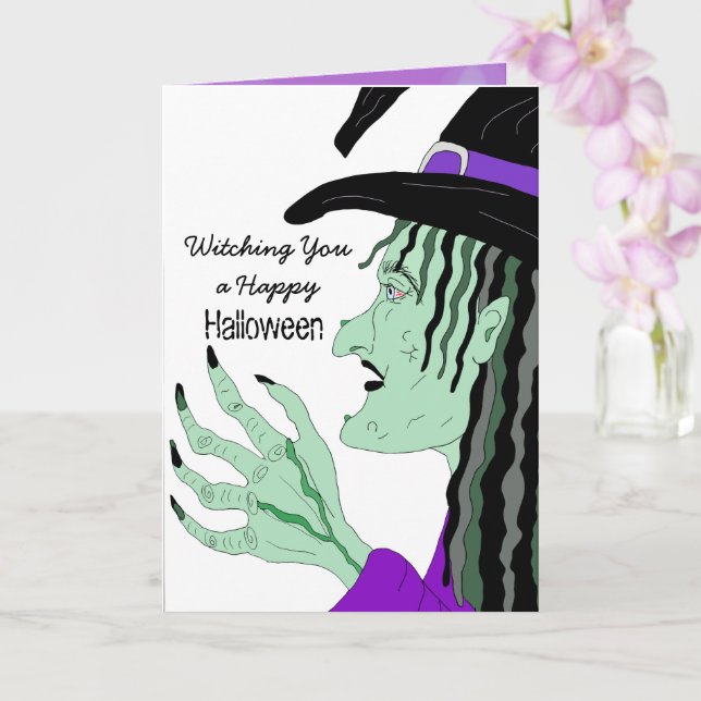 Carte Une joyeuse sorcière d'Halloween tirée à la main (Orchidée)
