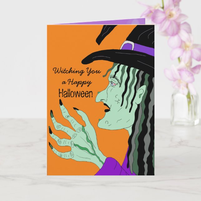 Carte Une joyeuse sorcière d'Halloween tirée à la main (Orchidée)