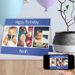 Carte UNE lettre photo Blue Boys 1st Birthday Card<br><div class="desc">Carte de 1er anniversaire personnalisée pour un petit garçon avec 3 de vos photos préférées en forme du mot ONE. Le modèle photo est configuré pour que vous puissiez ajouter vos images qui sont affichées au format portrait, en utilisant 1 photo pour chaque lettre. Vous pouvez également customiser l'avant et...</div>